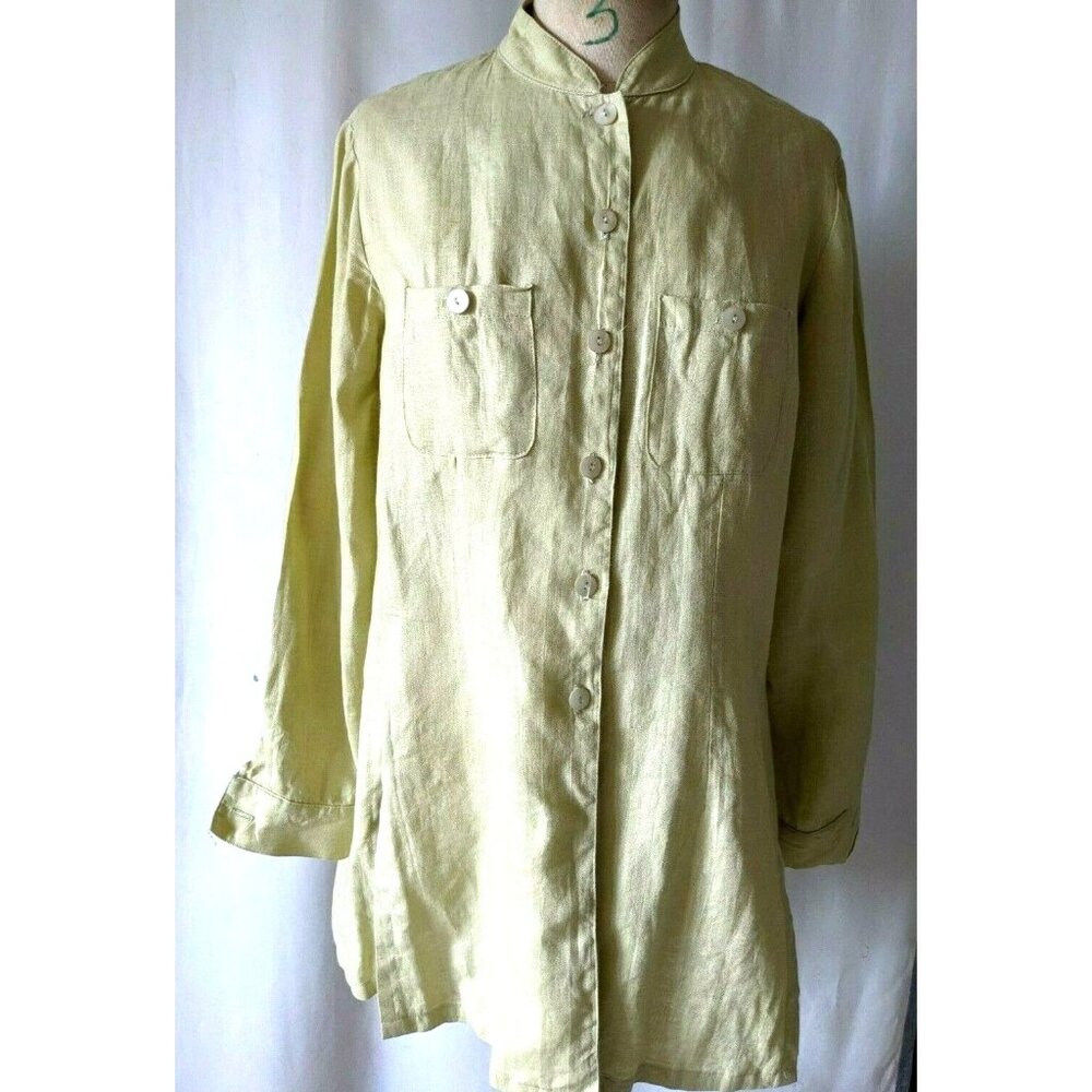 Current Women Long Tunic Oriental Green 100% Linen Button Down Size 8